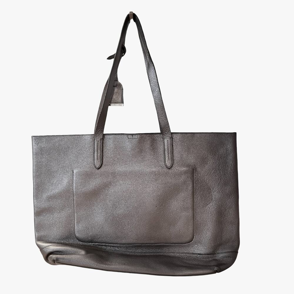 Cole Haan Silver Pewter Pebble Leather Double Handle Large Tote Purse 18x13x5